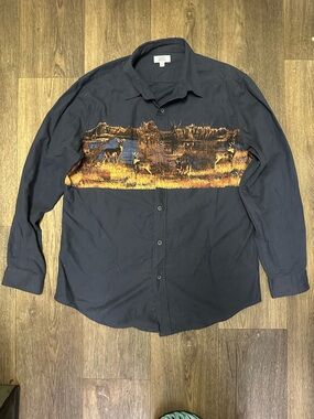 croft & barrow Navy Button-Down Shirt with Wildlife Scenic Panel